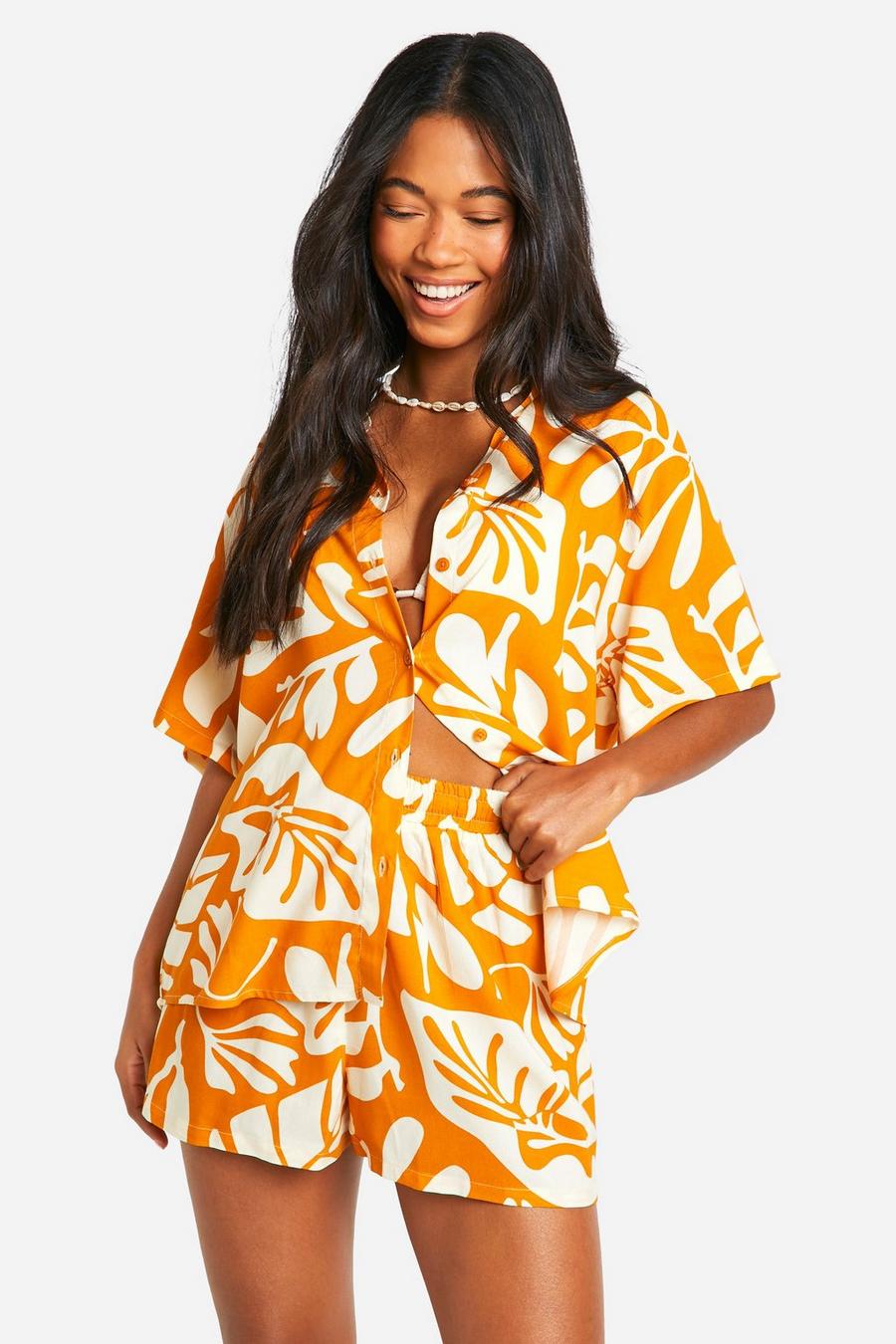 Orange Floral Shirt And Short Beach Co-ord  image number 1