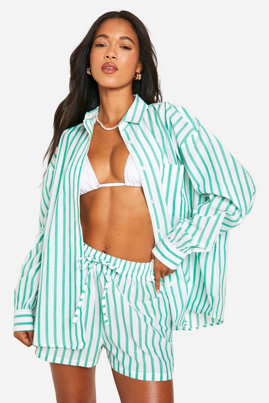 Green Fine Stripe Oversized Shirt And Short Beach Co-ord  