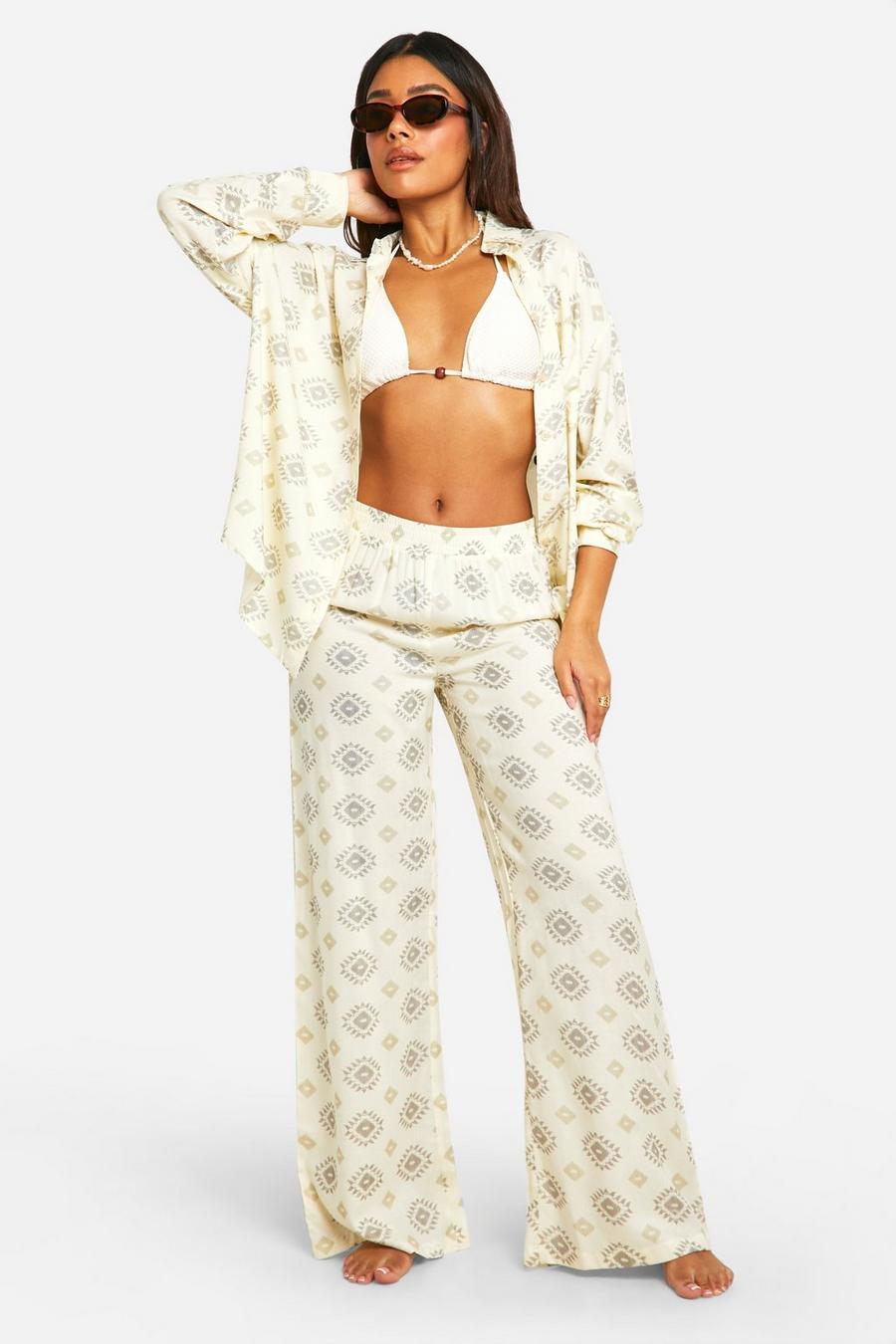 Cream Tile Printed Oversized Shirt And Pants Beach Co-Ord image number 1