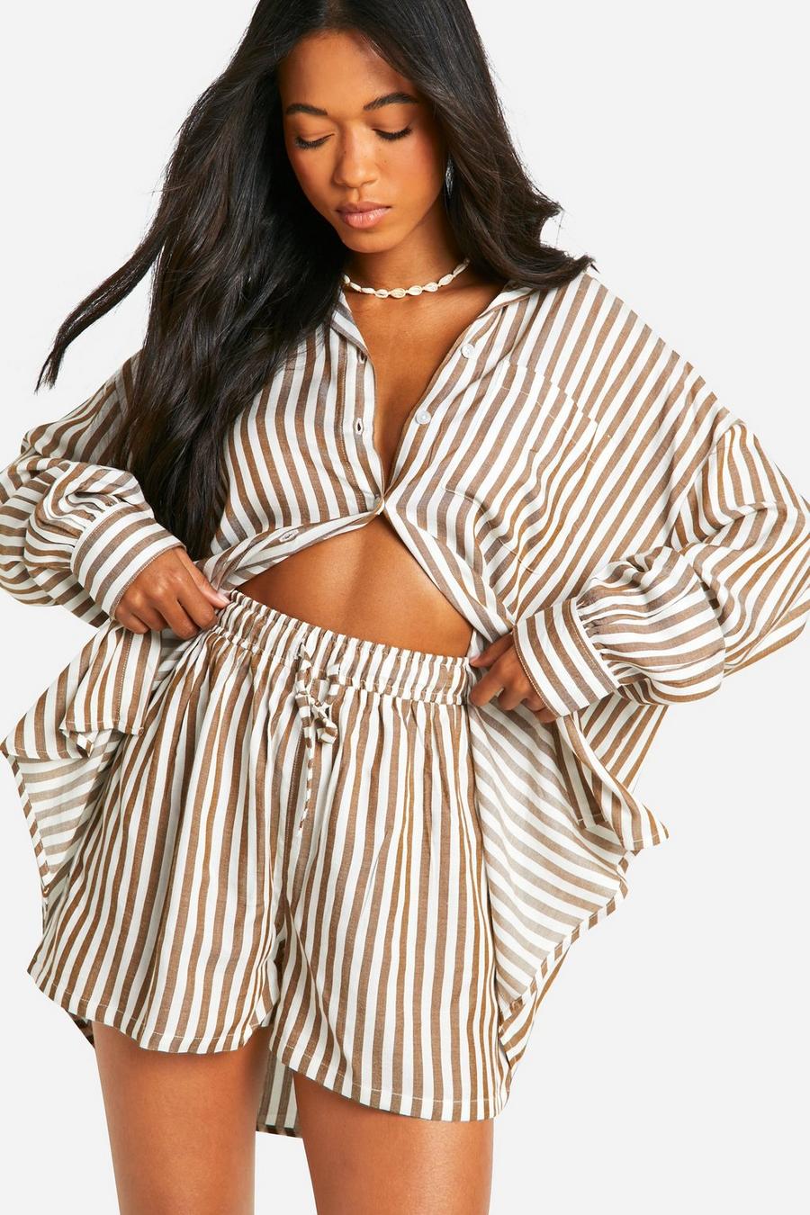 Brown Stripe Oversized Shirt And Short Beach Co-ord   image number 1