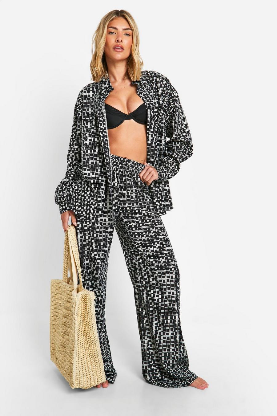 Black Geo Printed Oversized Shirt And Pants Beach Two-Piece