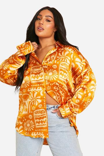 Orange Plus Satin Printed Oversized Shirt