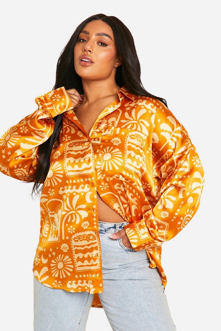 Orange Plus Satin Printed Oversized Shirt  image number 1