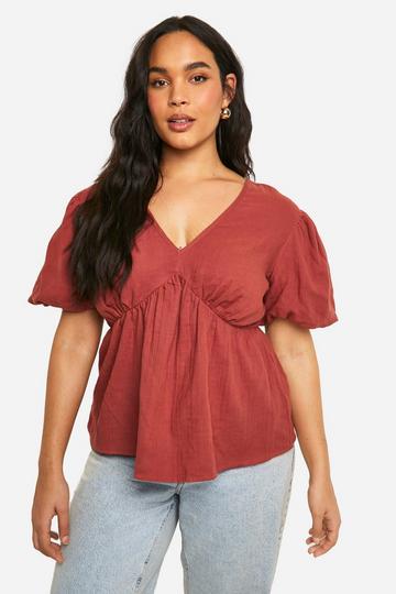 Plus Puff Sleeve Cotton Tie Back Top rose