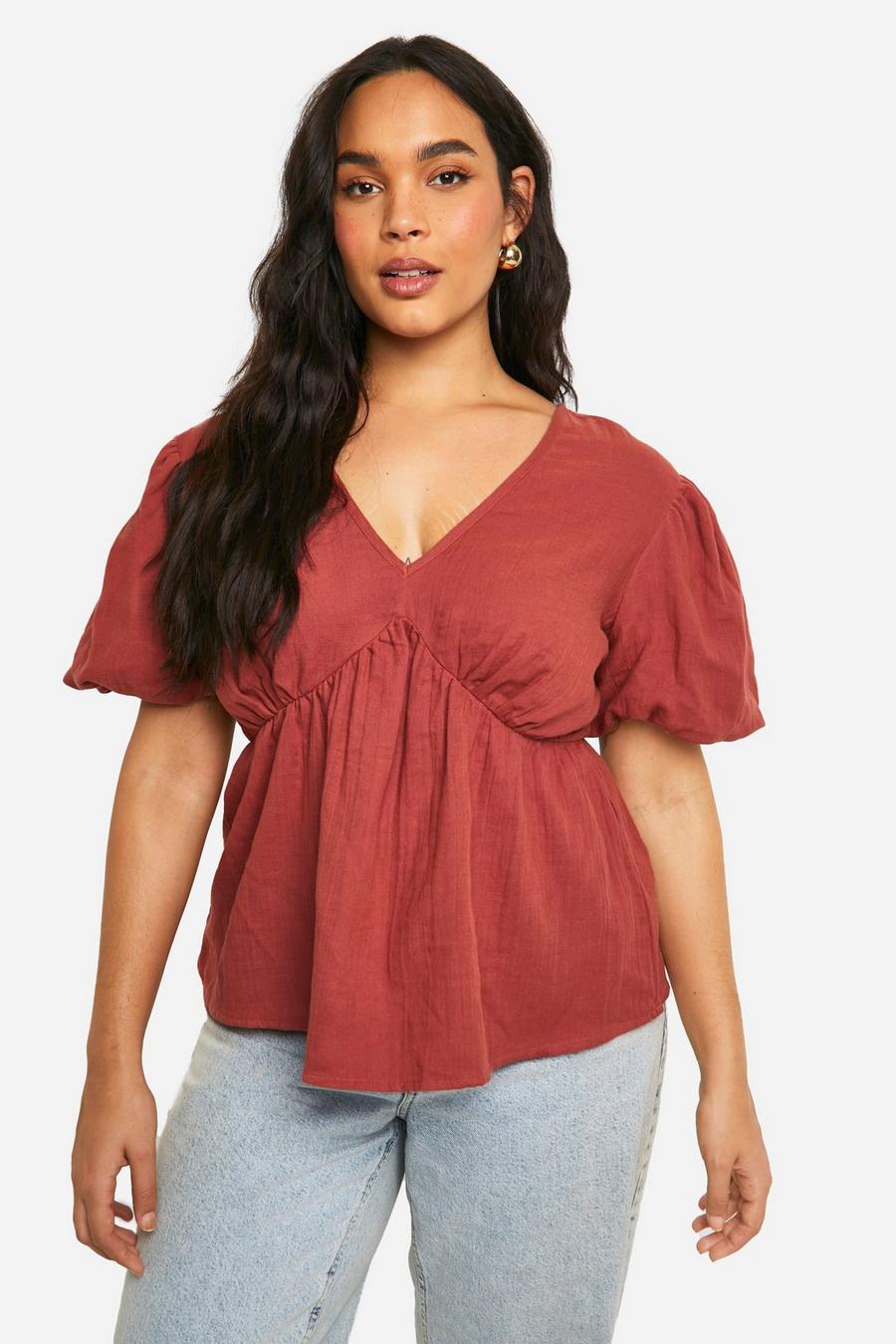 Rose Plus Puff Sleeve Cotton Tie Back Top