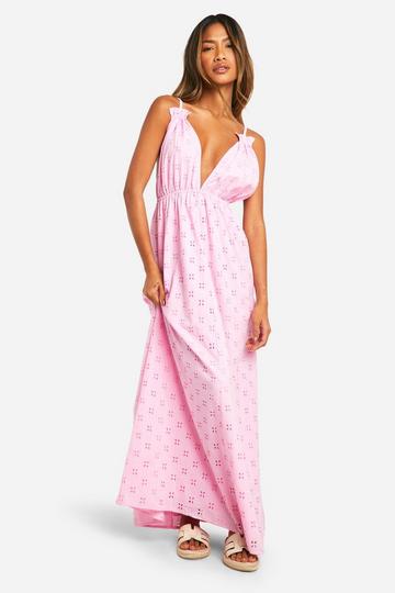 Broderie Maxi Jurk Met Bandjes pink