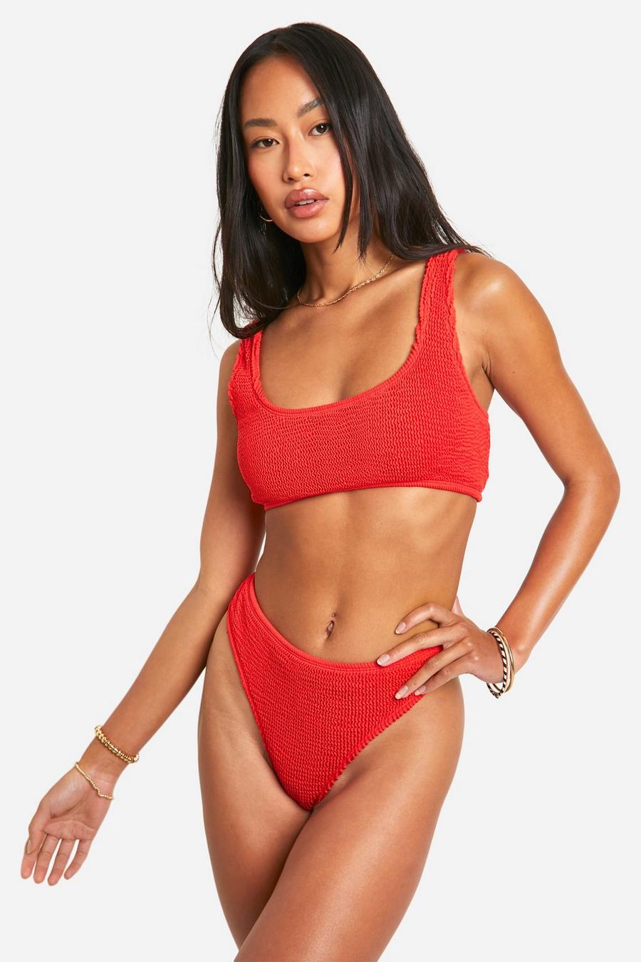 Red Gekreukelde Premium Bikini Top Met Lage Ronde Hals image number 1