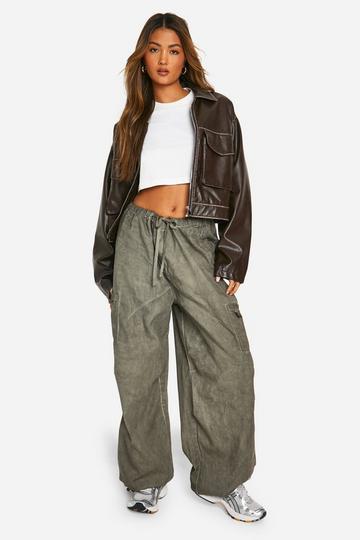 Grey Mid Rise Tie Waist Cargo Trouser