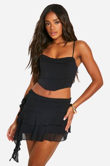 Black Crinkle Tiered Floaty Mini Skirt