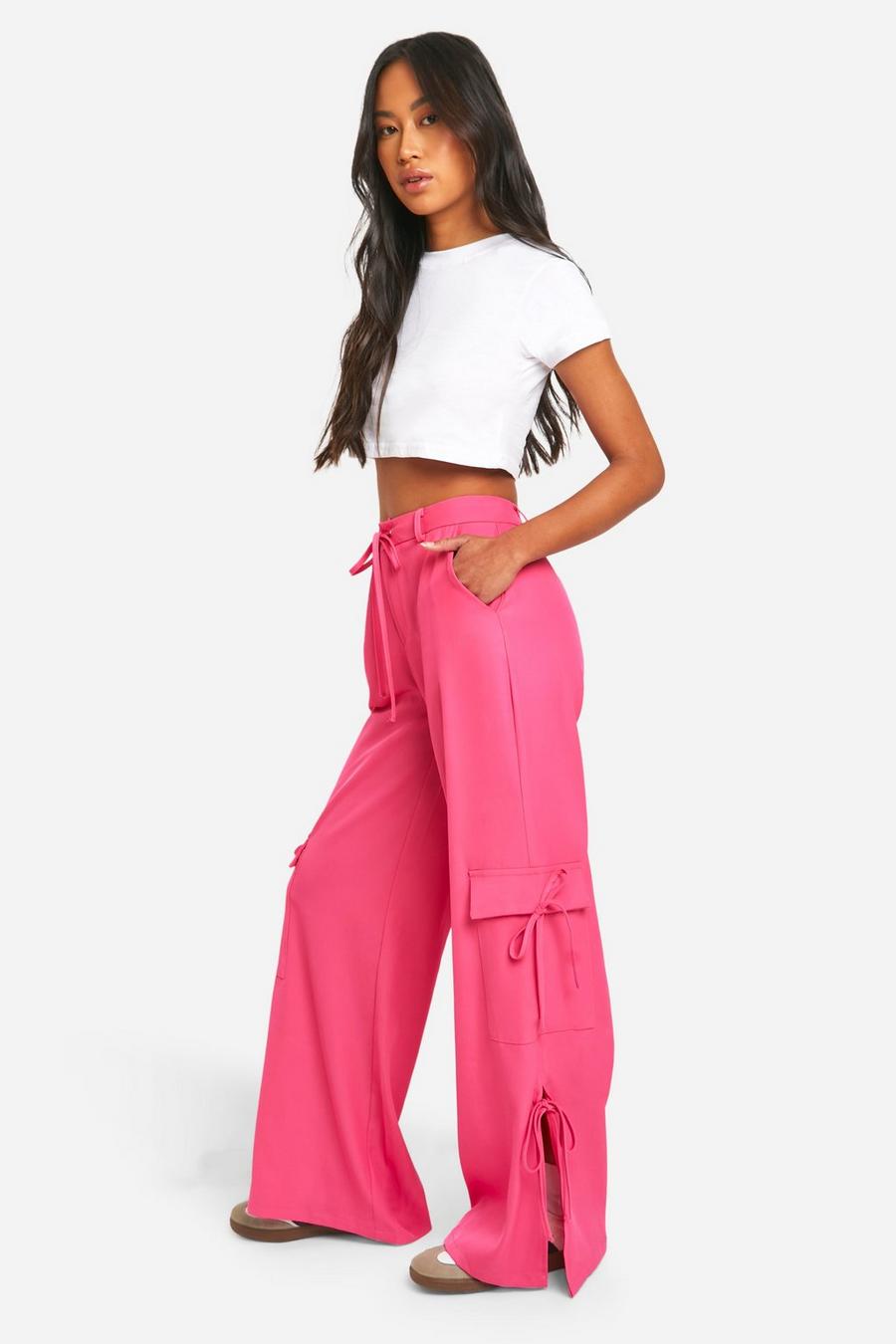Pink Tie Bow Detail Straight Leg Cargo Pants image number 1
