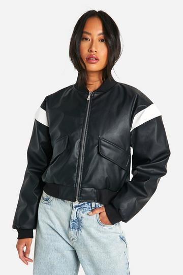 Black Faux Leather Cropped Moto Detail Bomber Jacket