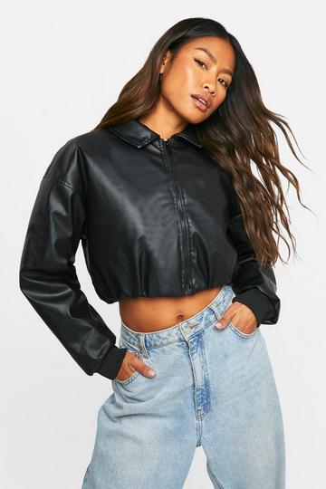 Faux Leather Cropped Collar Detail Jacket black