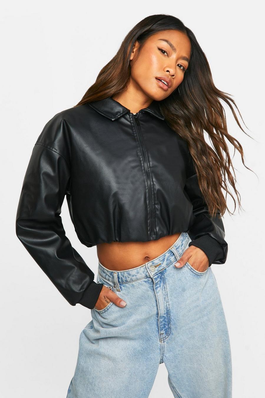 Black Faux Leather Cropped Collar Detail Jacket image number 1