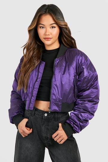 Cropped Metallic Bomber Jacket purple