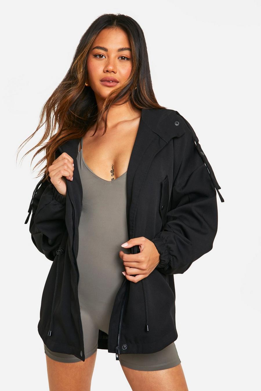 Black Synched Waist Hooded Mac