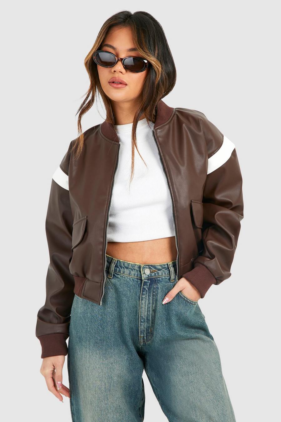 Chocolate Faux Leather Cropped Moto Detail Bomber Jacket   image number 1