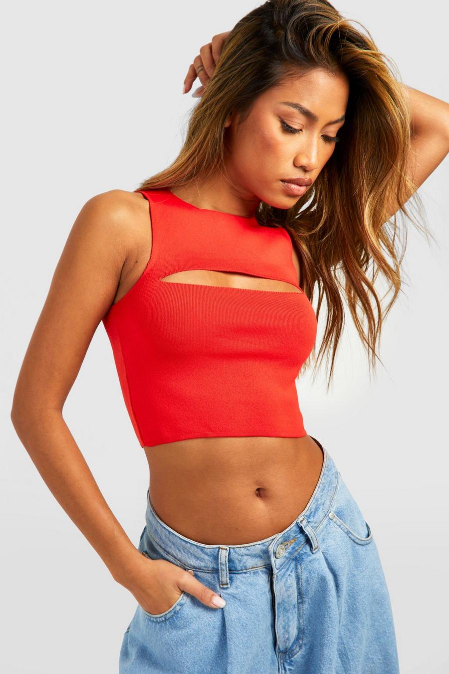 Red Knitted Key Hole Crop Top   image number 1