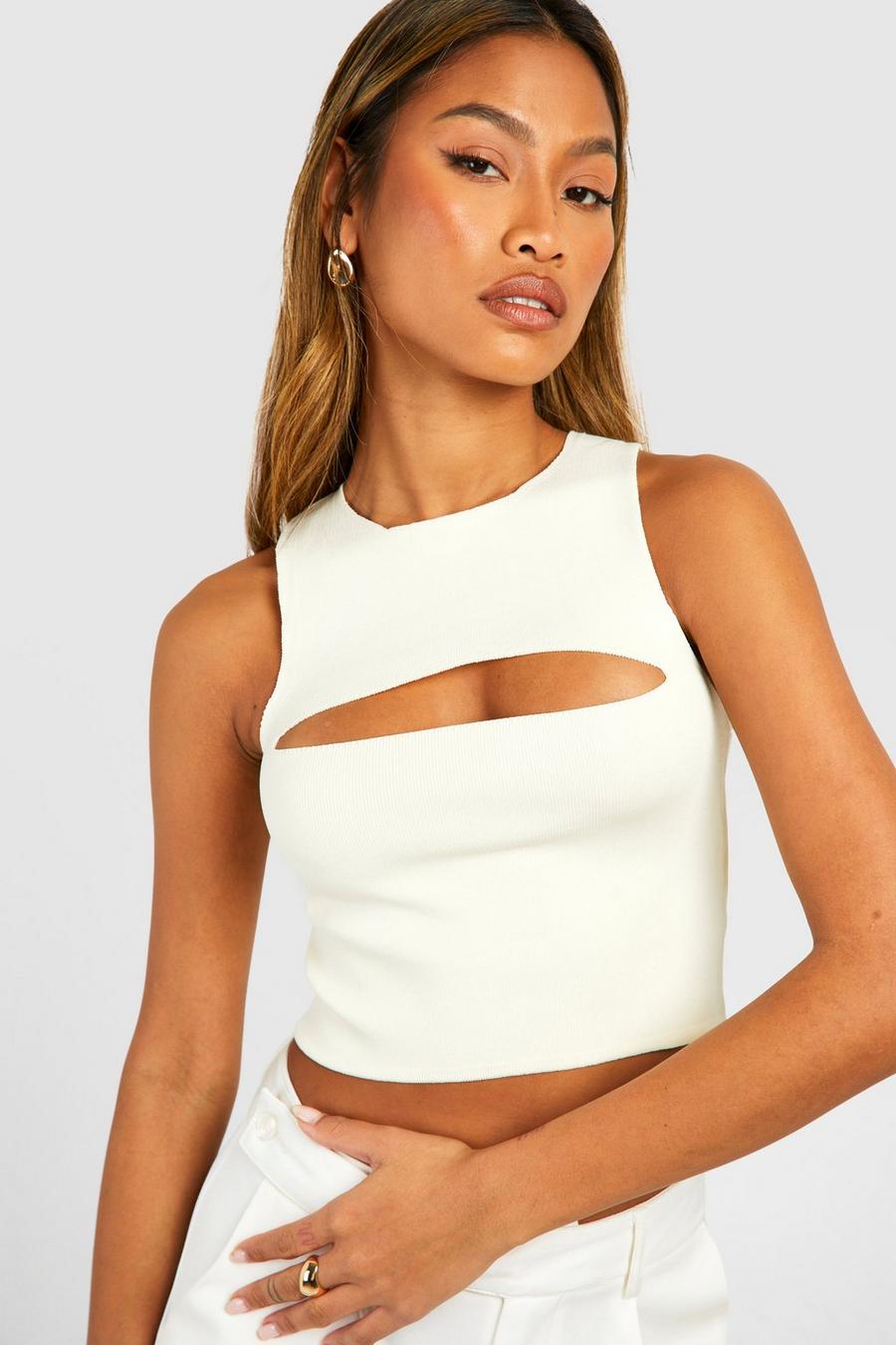 Cream Knitted Key Hole Crop Top    image number 1