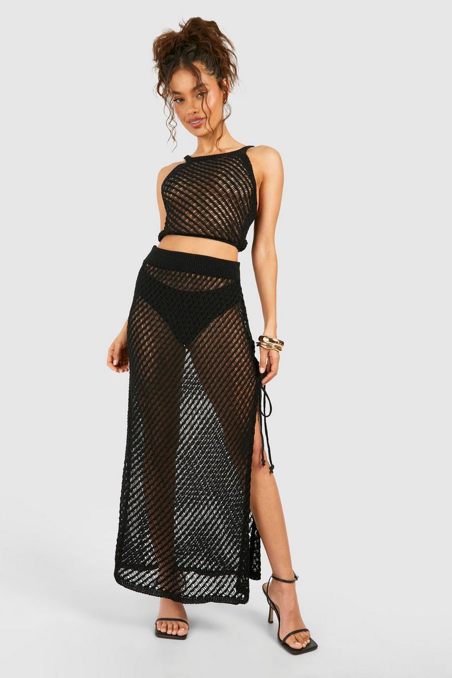 Black Crochet Crop Top And Midaxi Skirt  image number 1