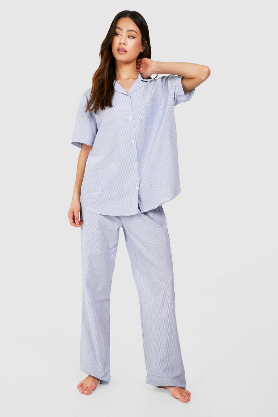 Tall gestreiftes Pyjama-Set mit Kontrast-Bund, Blue