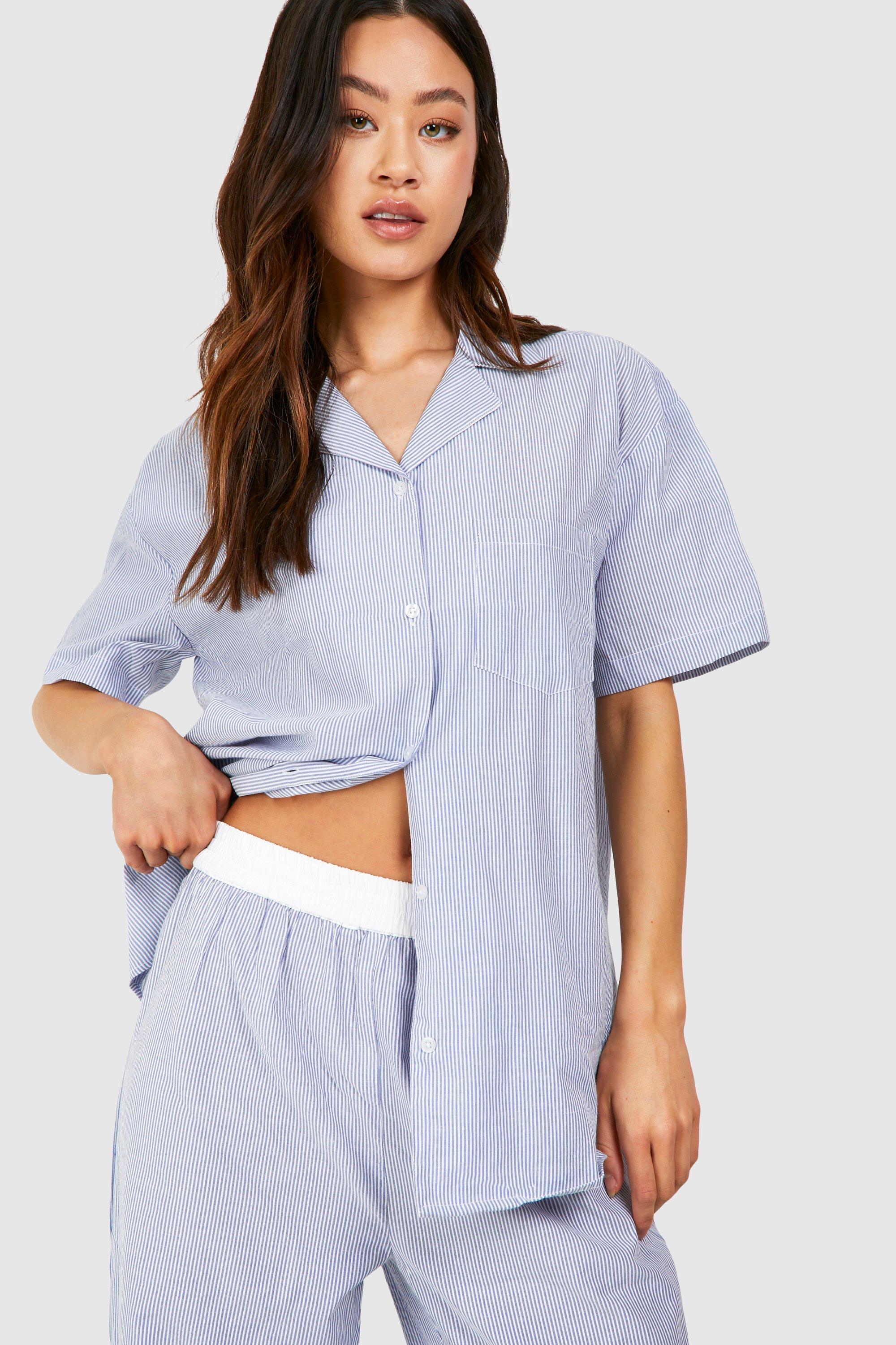 Boohoo Women s Tall Contrast Waistband Striped Pj Set Blue