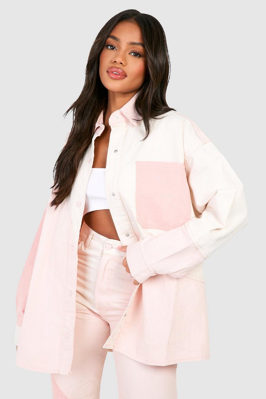 Camicia oversize in denim a blocchi di colore, Pink image number 1