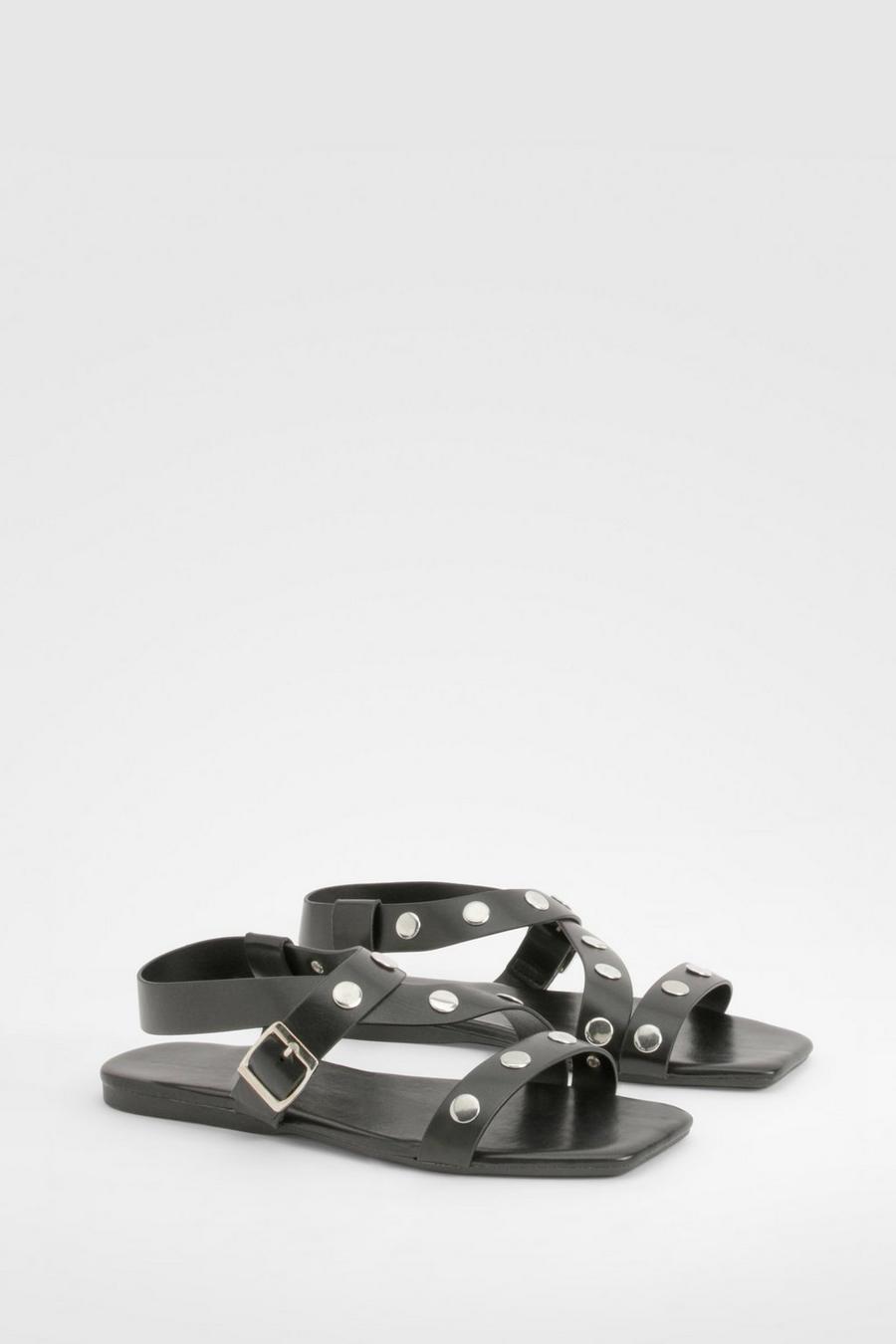 Black Wide Fit Stud Crossover Sandals image number 1