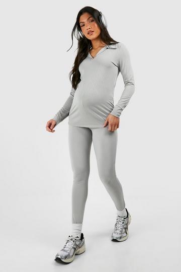 Grey Maternity Rib Collared T-shirt And Legging Set