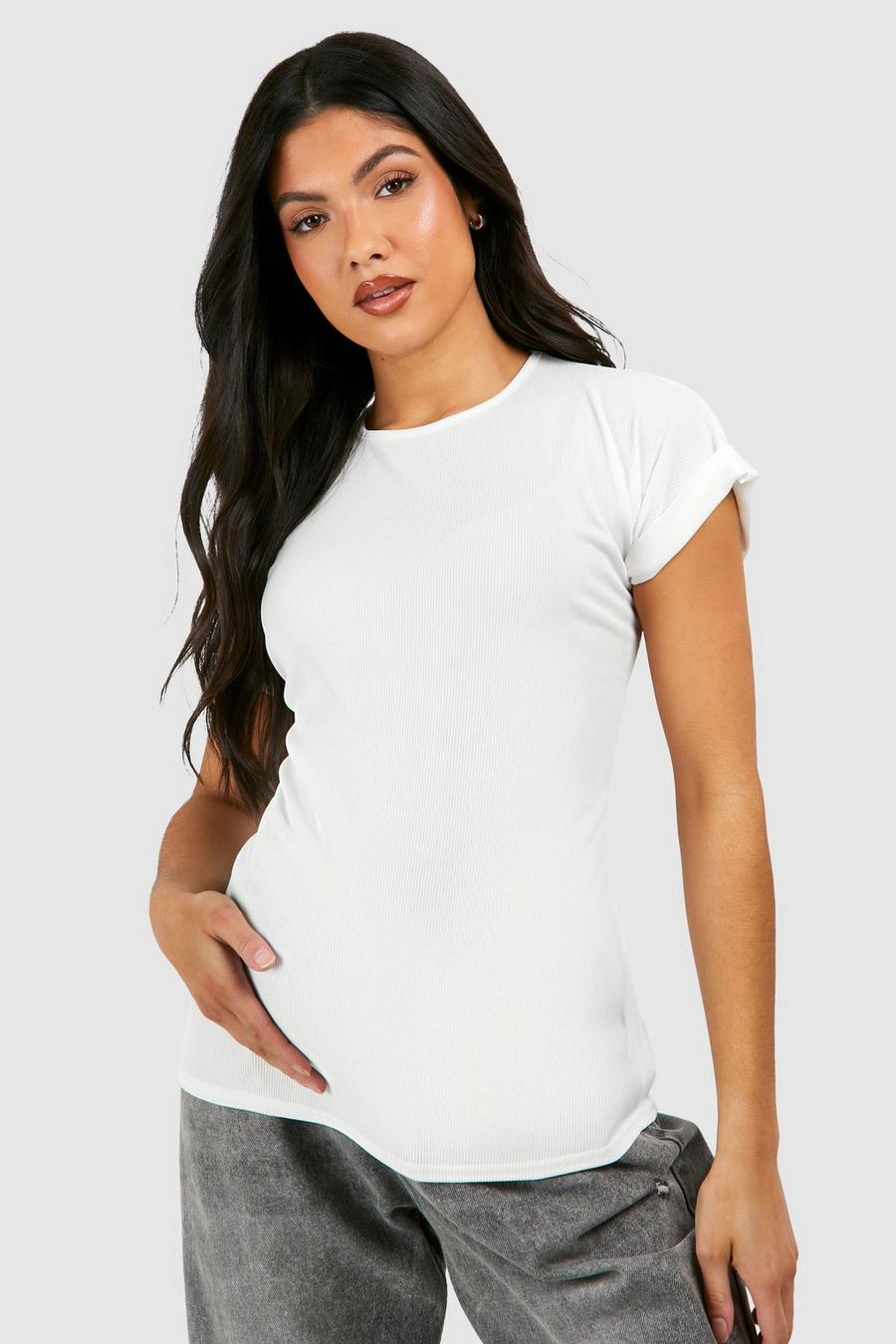 Camiseta Premamá de canalé con mangas vueltas, White image number 1