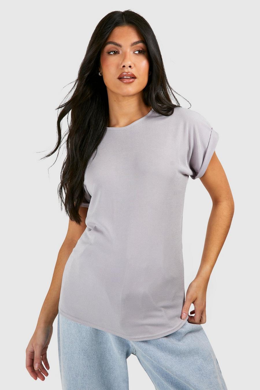 Grey Maternity Ribbed Roll Sleeve T-shirt