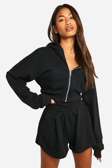 Black 3 Piece Corset Top Zip Through Hooded Short Tracksuit