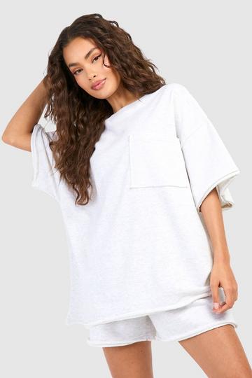Grey Short Sleeve Pocket Detail Oversized Sweatshirt And Short Set