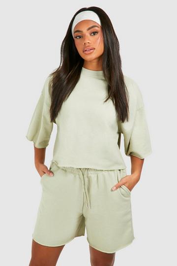 Sage Green Short Sleeve Crop Sweatshirt And Short Set