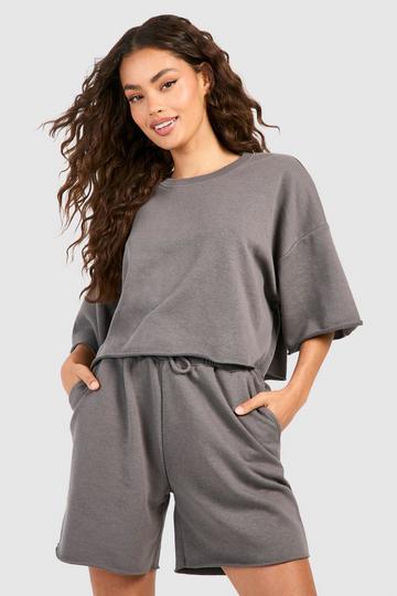 Short Sleeve Crop Sweatshirt And Short Set charcoal