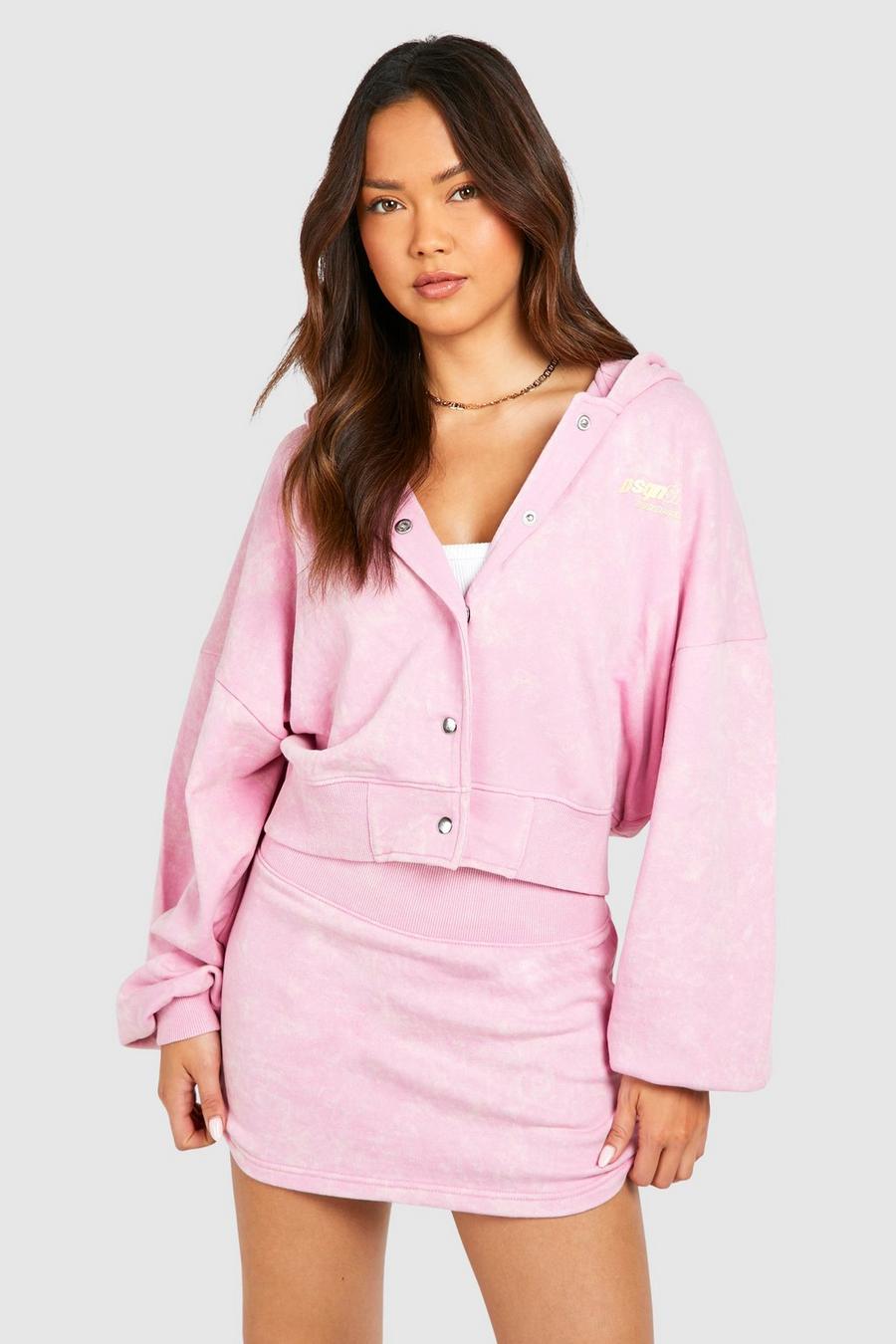 Pink Popper Detail Bomber Hoodie And Sweat Skirt Set
