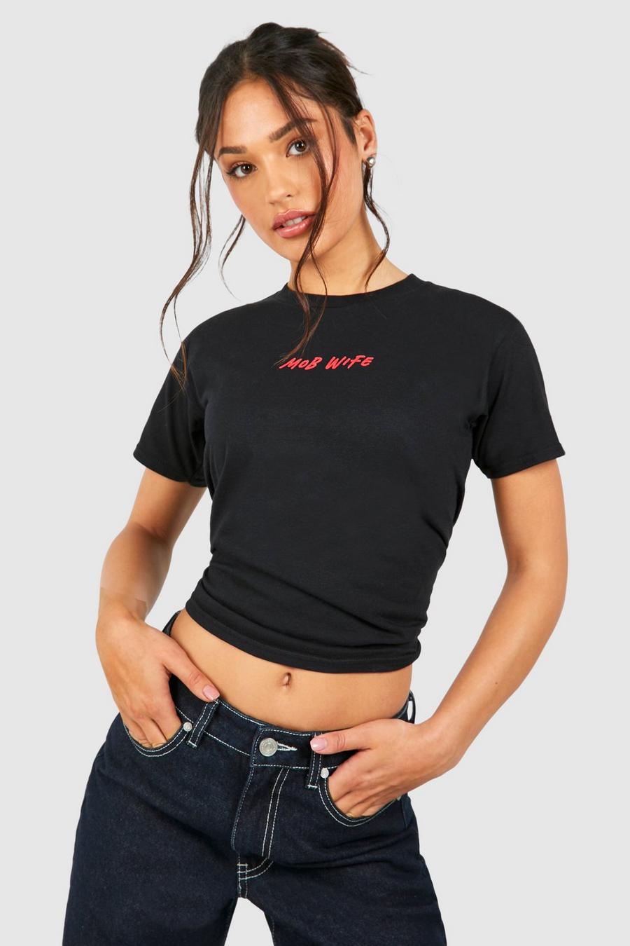 Petite - T-shirt court à slogan Mob Wife, Black image number 1