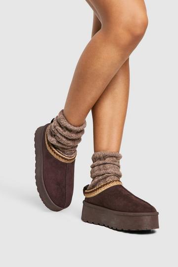 Chocolate Brown Embroidered Detailing Platform Slip On Cosy Mules