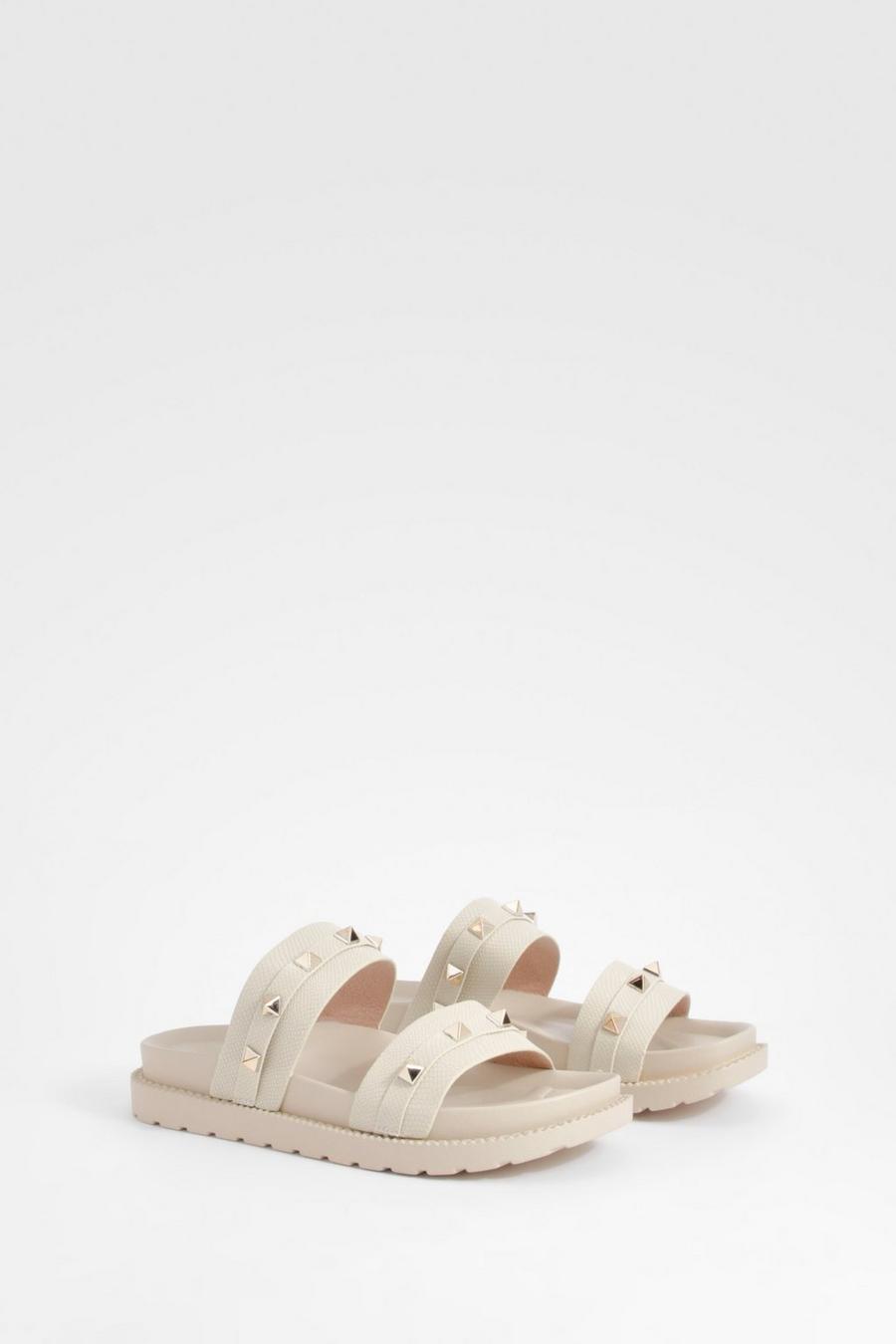 Cream Stud Detail Double Strap Sliders image number 1