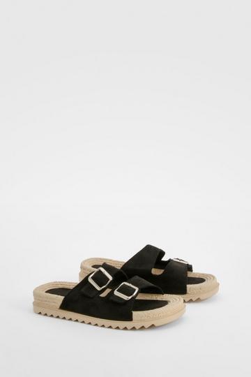 Black Double Strap Buckle Detail Espadrille Slides