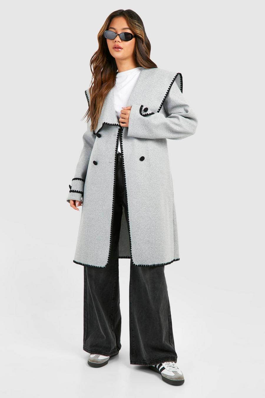 Abrigo efecto lana de punto liso con cinturón, Grey marl image number 1