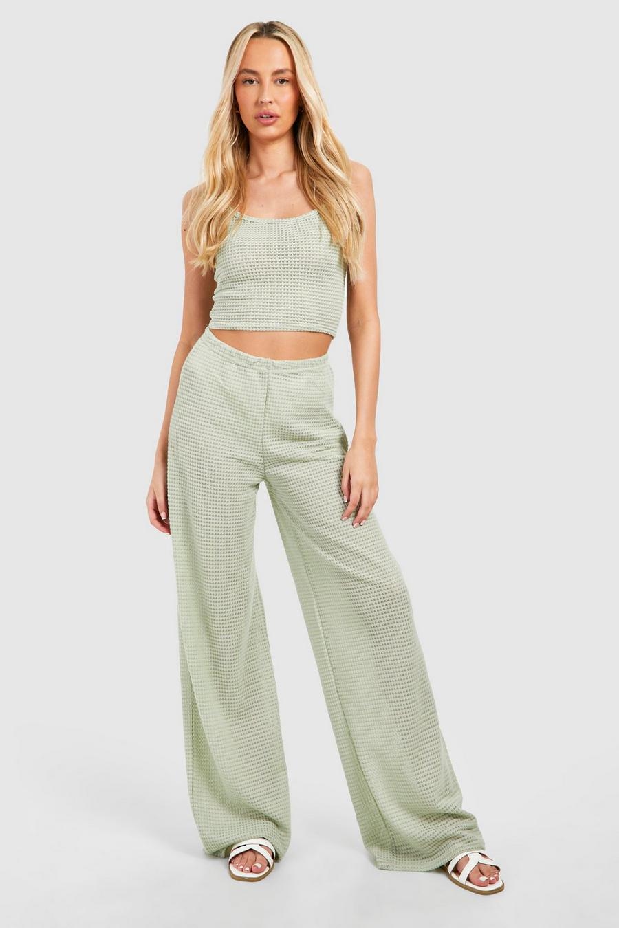 Sage Tall Waffle Wide Leg Trouser Set image number 1