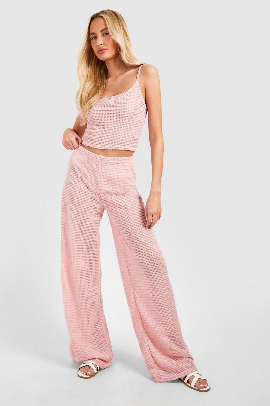 Baby pink Tall Waffle Wide Leg Pants Set image number 1