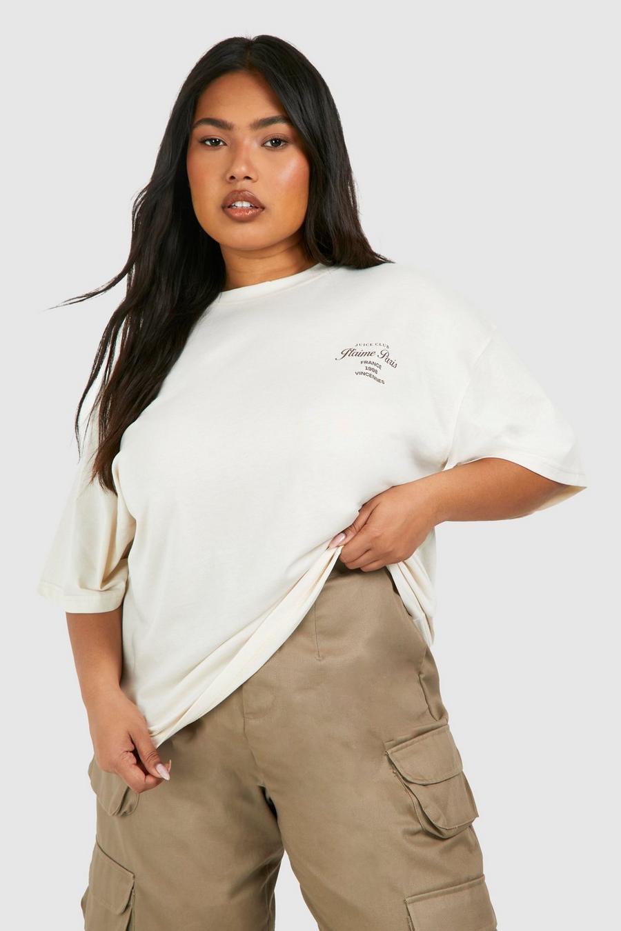 Camiseta Plus oversize con estampado de Paris en el bolsillo, Stone image number 1
