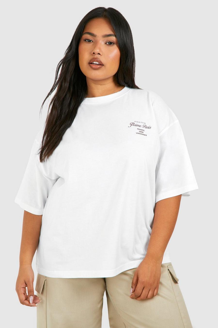 T-shirt Plus Size oversize con stampa Paris ad altezza taschino, White image number 1
