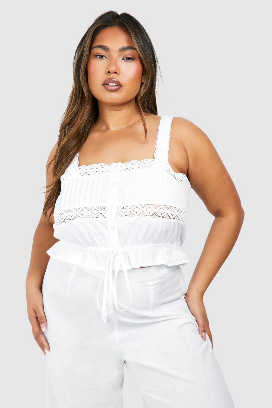 White Plus Cotton Lace Detail Strappy Crop Top  image number 1