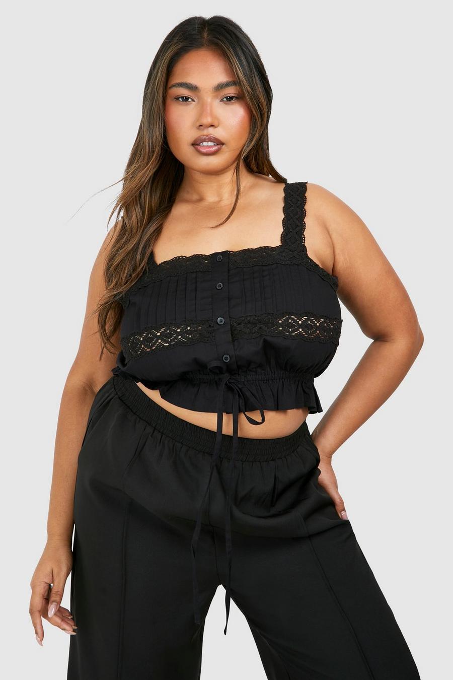 Plus Baumwoll Crop Top mit Spitzendetail, Black