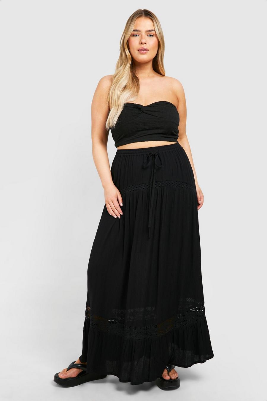 Black Plus Lace Detail Cotton Maxi Skirt