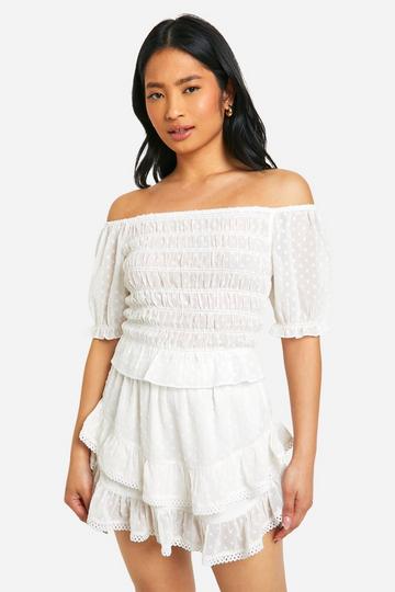 Petite Geplooide Dobby Crop Top Met Pofmouwen white