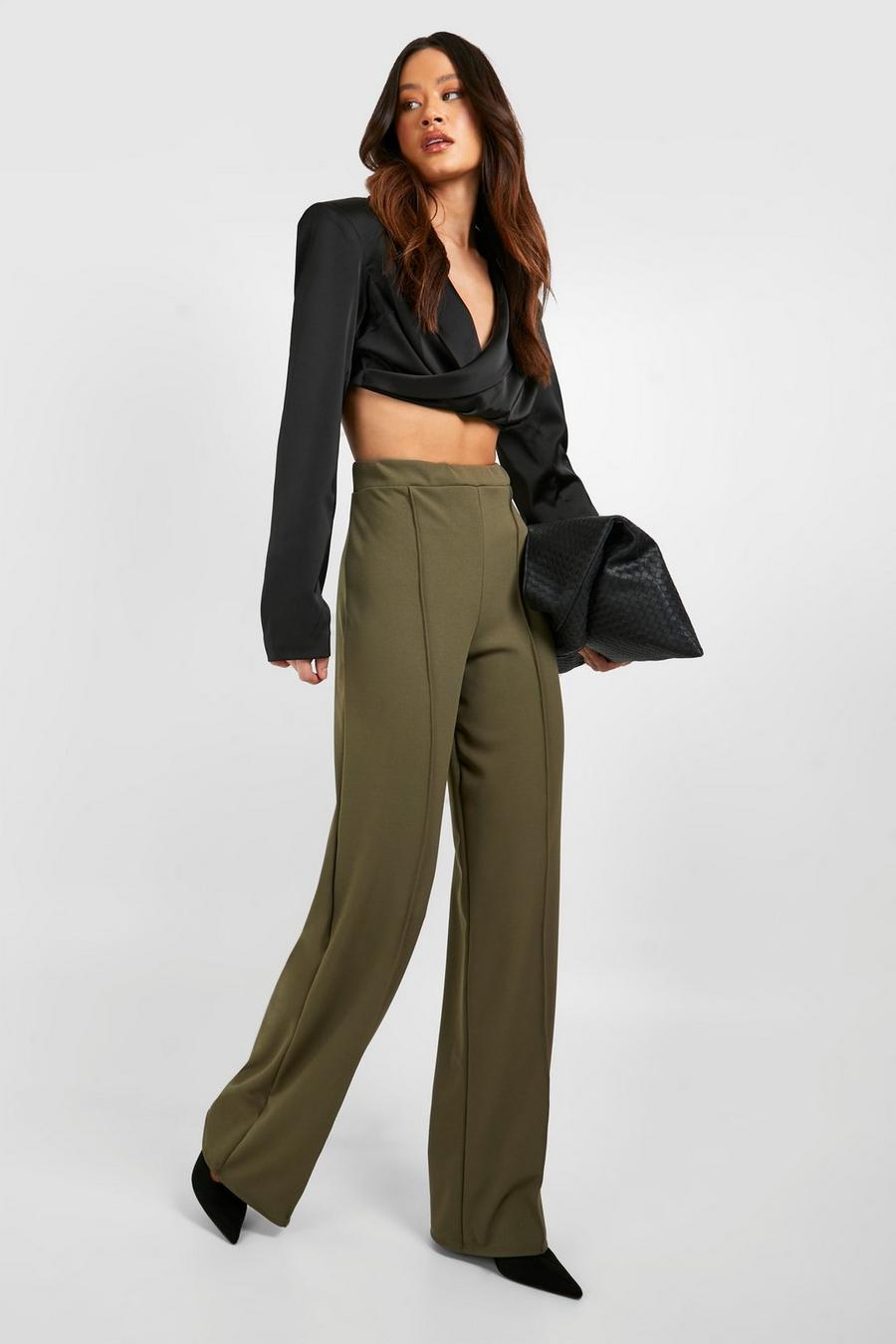 Khaki Tall Crepe Stretch Seam Detail Wide Leg Trouser image number 1