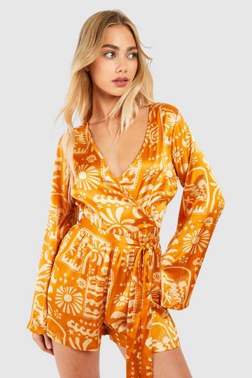 Printed Wrap Tie Playsuit orange